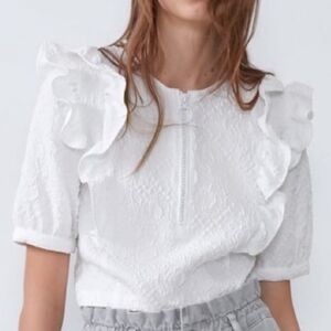 Zara White Ruffle detail textured Crop Top Sleeves diamond Zipper Size XS